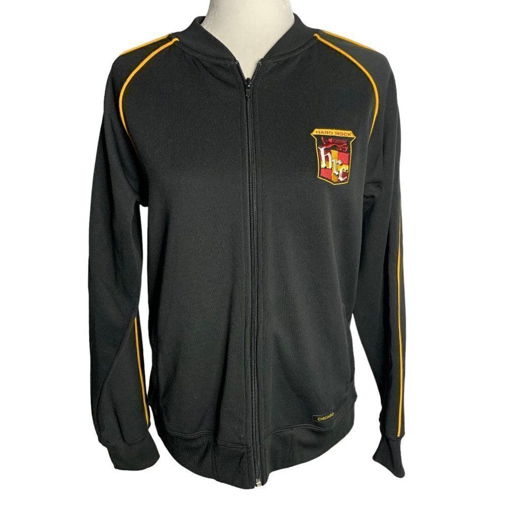 Hard Rock Cafe Full Zip Track Jacket M Black Embroidered Fleece Lined Pockets
